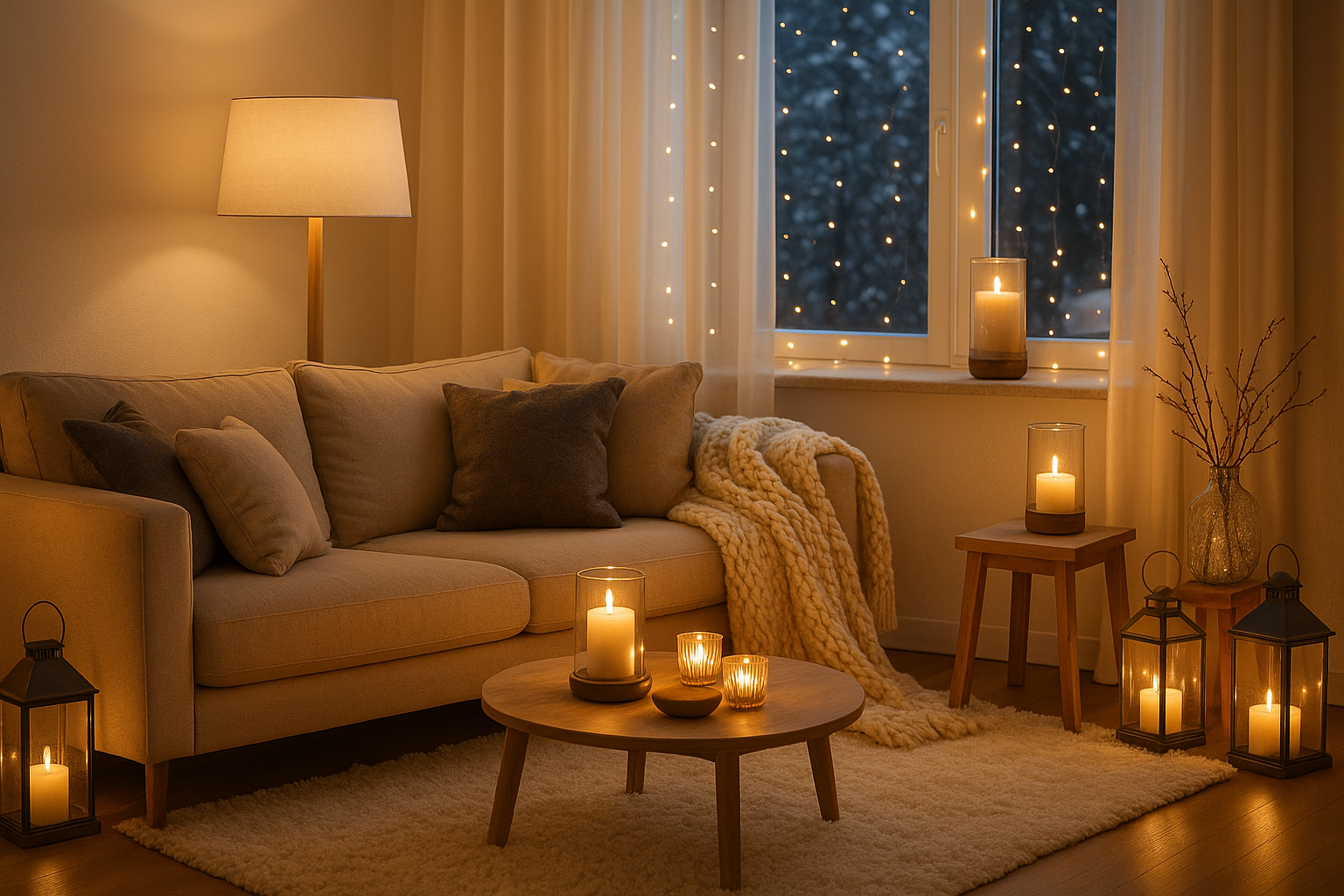 Salon déco hiver cosy avec lumières et plaids