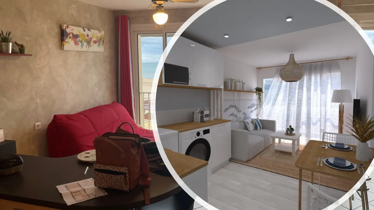 Avant / après : salon d'un appartement en bord de mer à Port-la-Nouvelle et sa projection 3D par Abely Conception